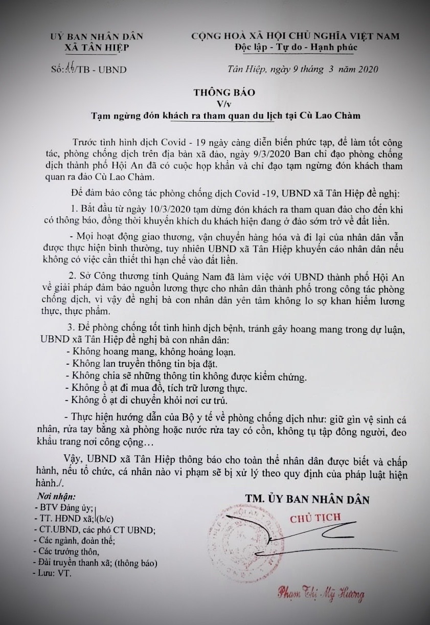 Văn bản thông báo dừng nhân khách Cù Lao Chàm